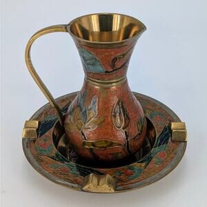 VTG Indian Brass Champlevé Enamel Miniature Ewer Vase and Tray Ashtray Set 2 pc